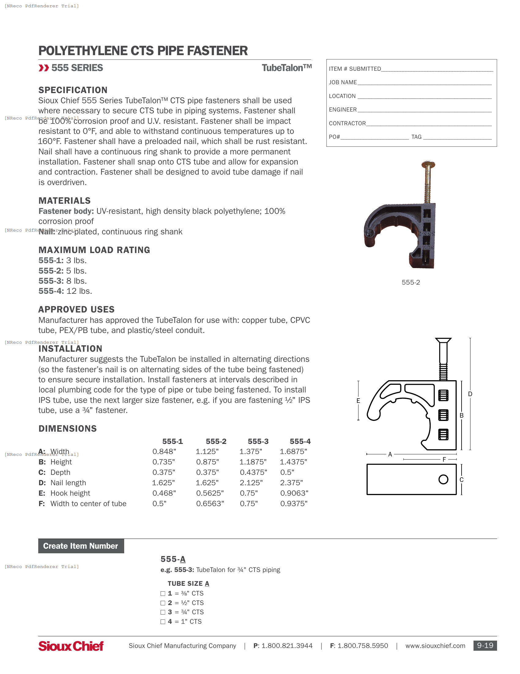 555 SERIES - TUBETALON - SPEC SHEET.PDF Specification Document